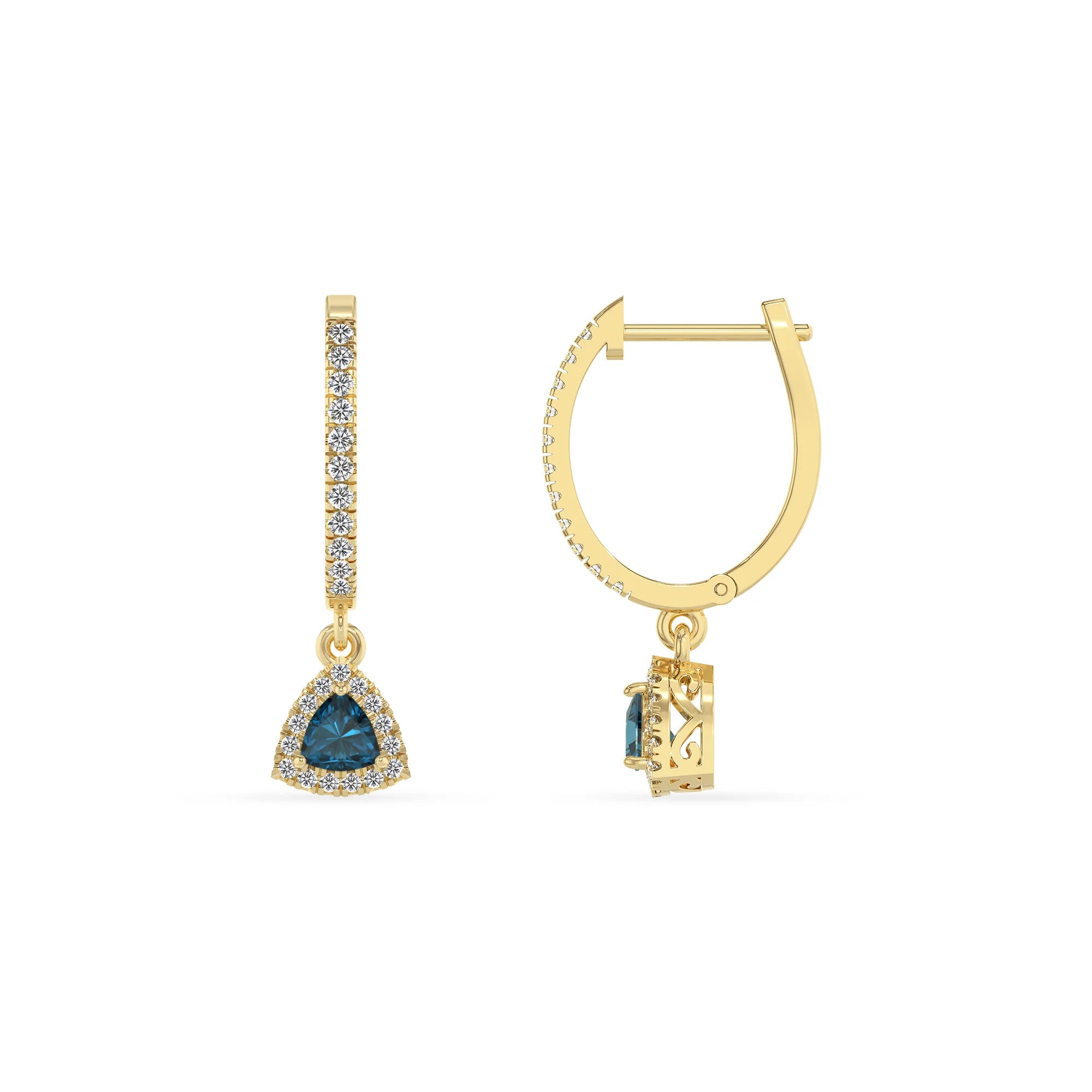 natural london blue topaz trillion drop earrings in yellow gold 