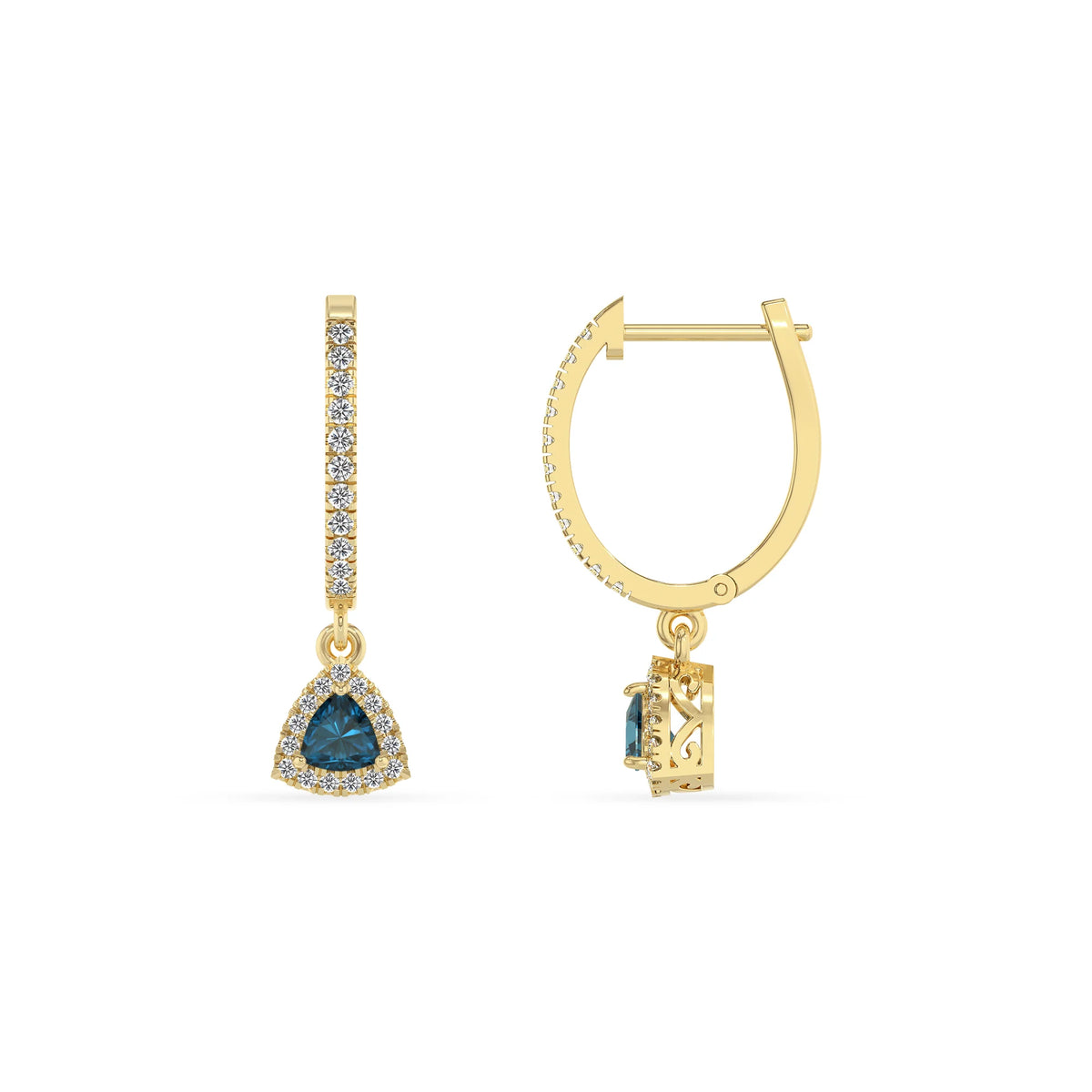natural london blue topaz trillion drop earrings in yellow gold 