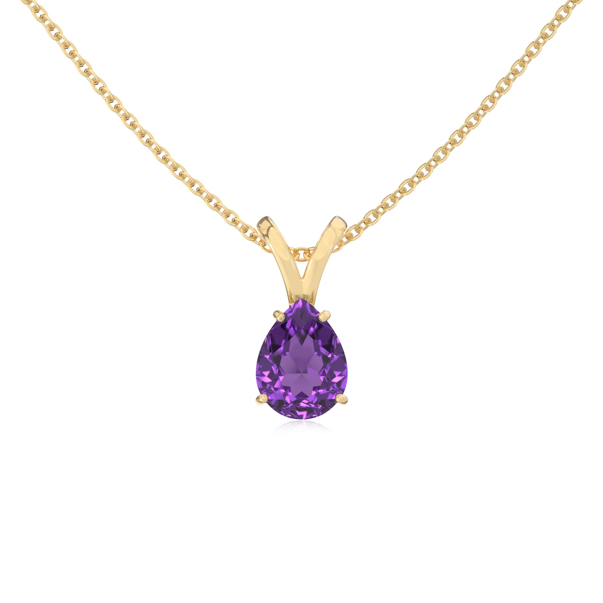 lab grown amethyst pear solitaire v-bale necklaces in yellow gold 