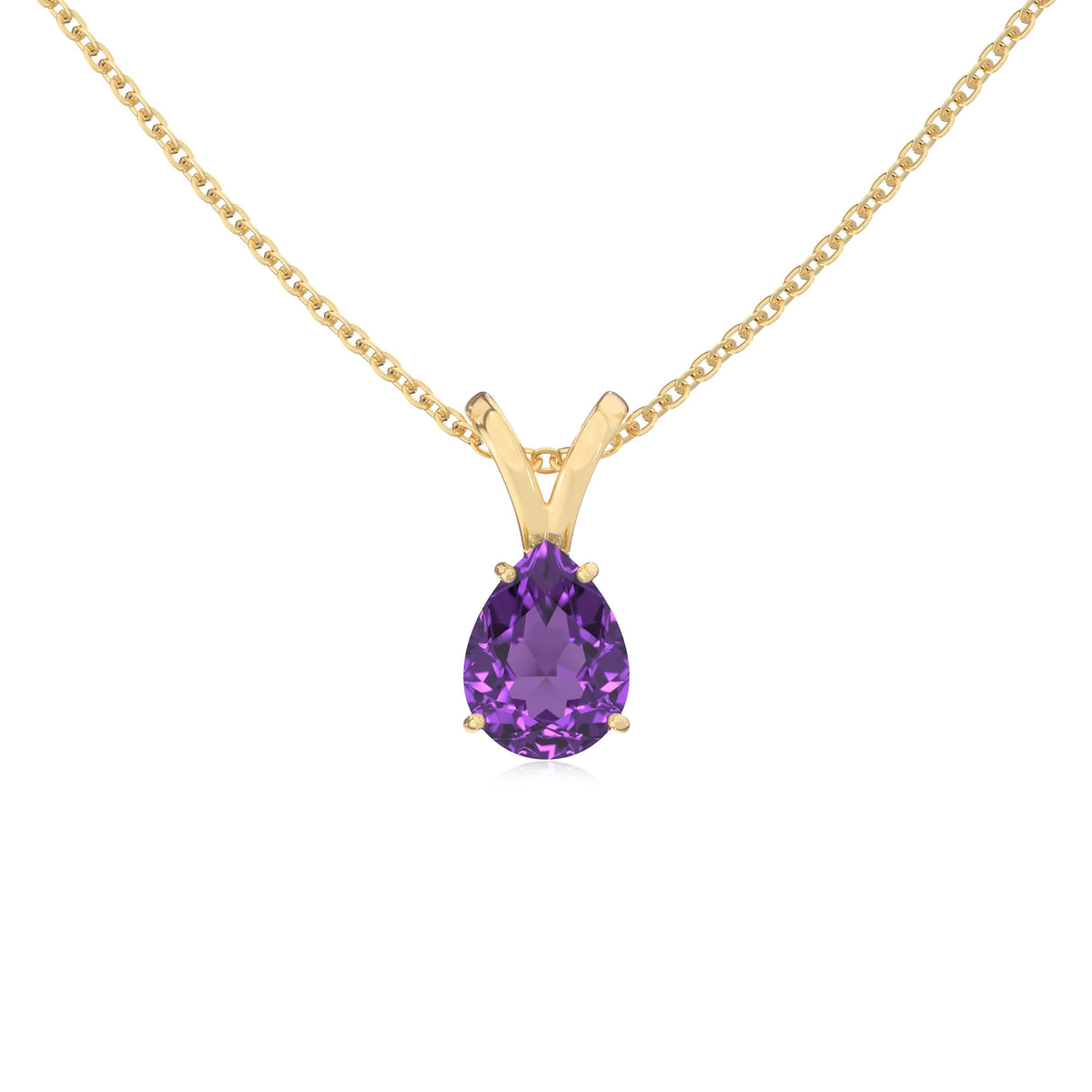lab grown amethyst pear solitaire v-bale necklaces in yellow gold 