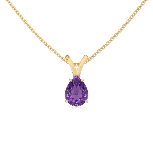lab grown amethyst pear solitaire v-bale necklaces in yellow gold 