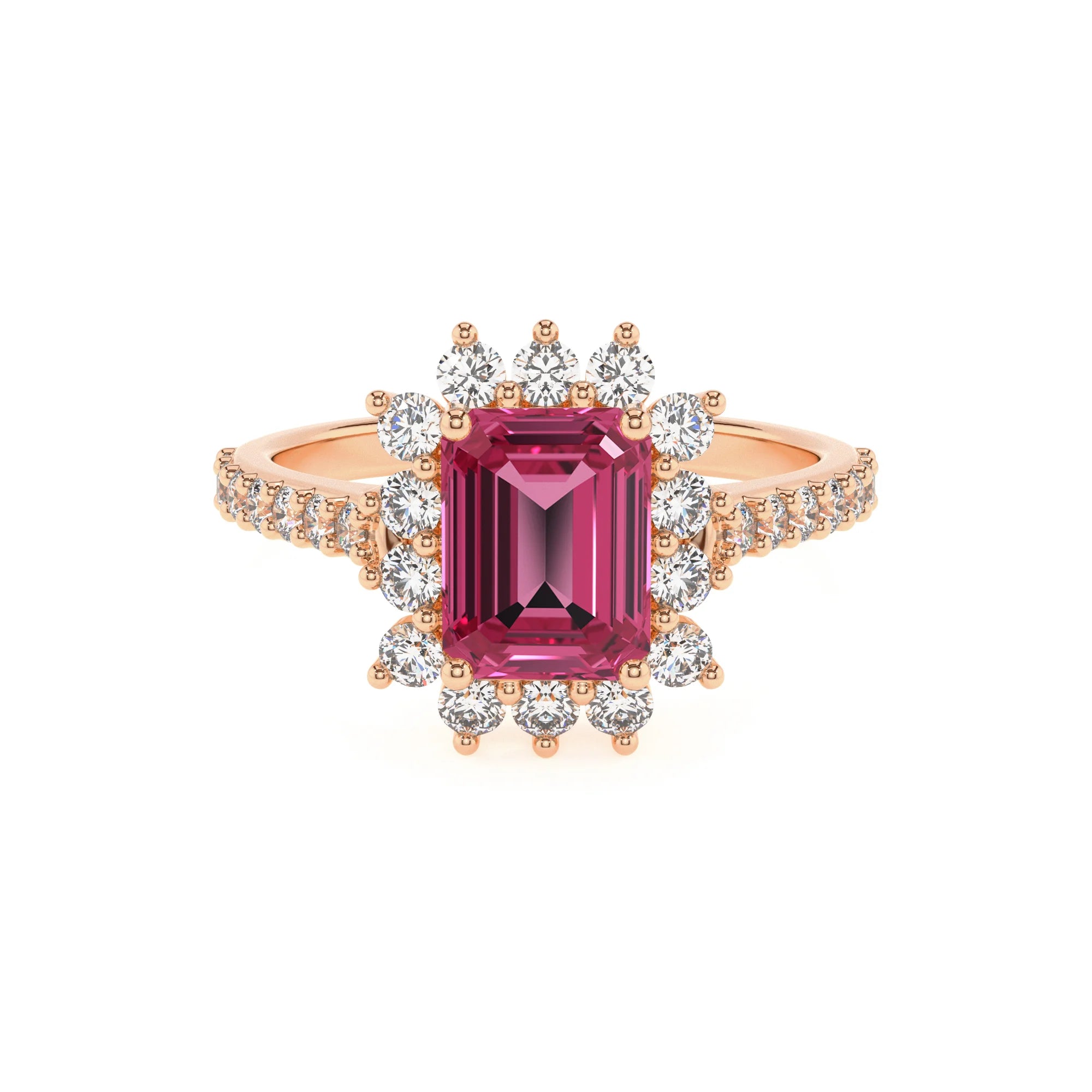 lab grown pink-tourmaline emerald cut solitaire rings in rose gold 
