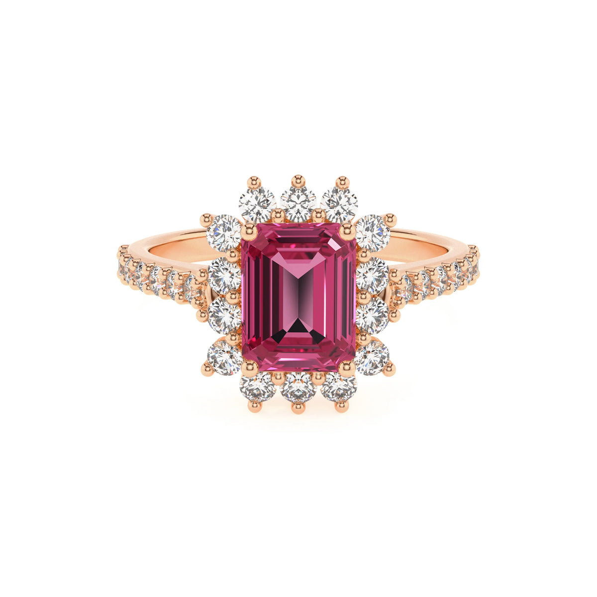 lab grown pink-tourmaline emerald cut solitaire rings in rose gold 