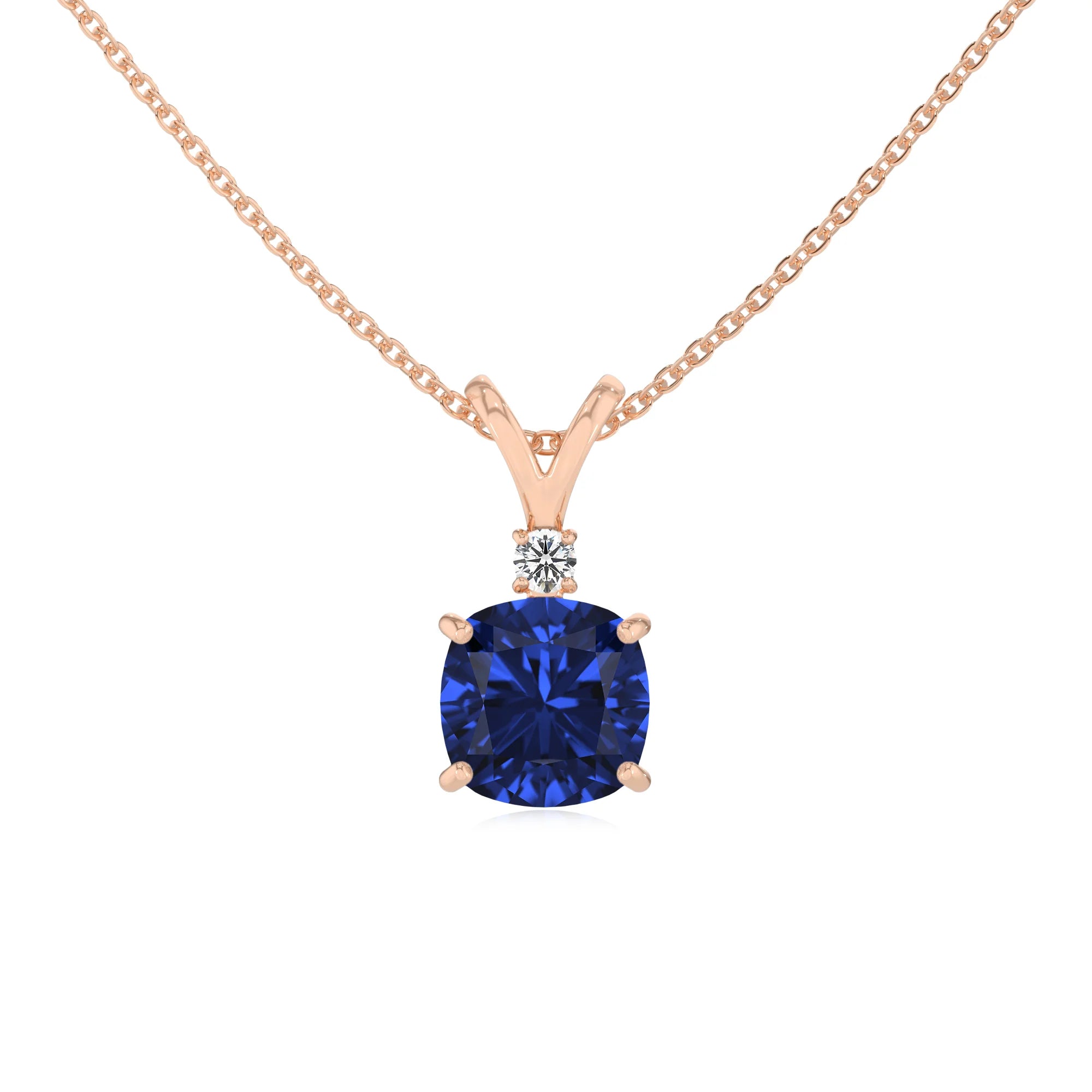 lab grown blue-sapphire cushion solitaire v-bale necklaces in rose gold 