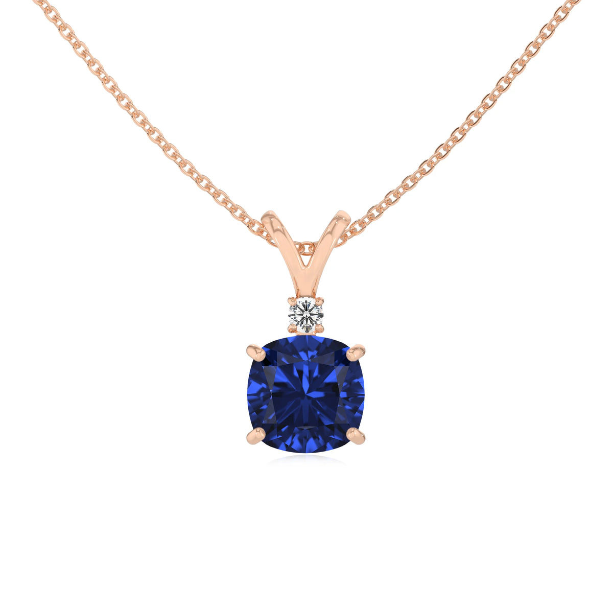 lab grown blue-sapphire cushion solitaire v-bale necklaces in rose gold 