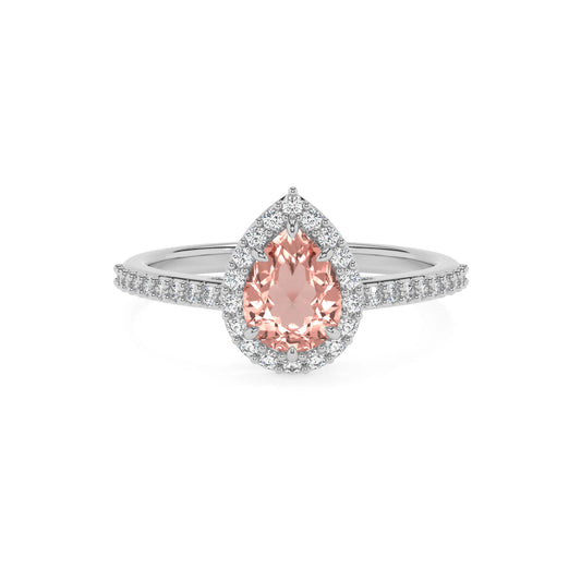 lab grown morganite pear solitaire rings in white gold 