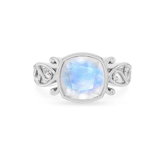 natural rainbow-moonstone cushion solitaire rings in platinum 