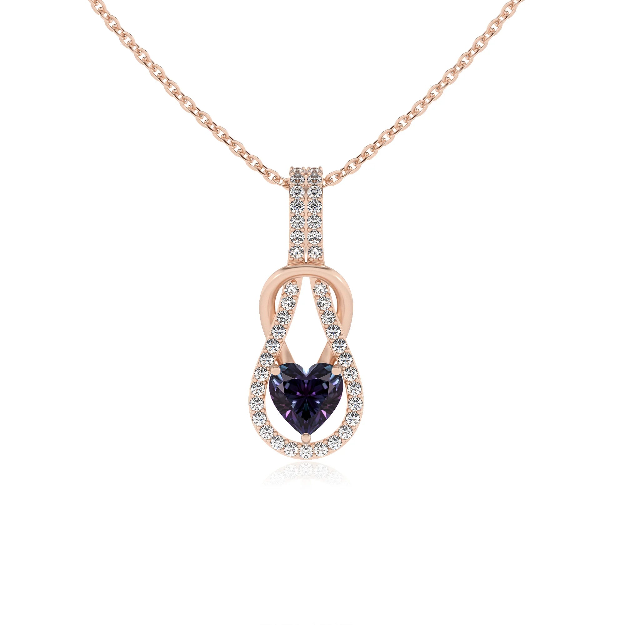 lab grown alexandrite heart infinity  v-bale necklaces in rose gold 