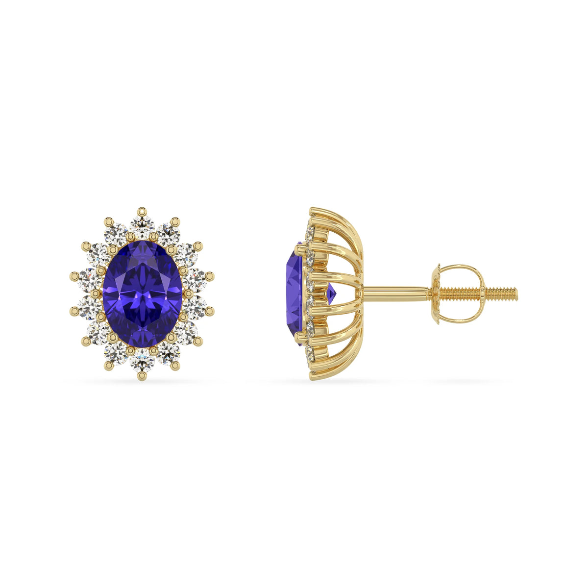 lab grown tanzanite oval stud earrings in yellow gold 