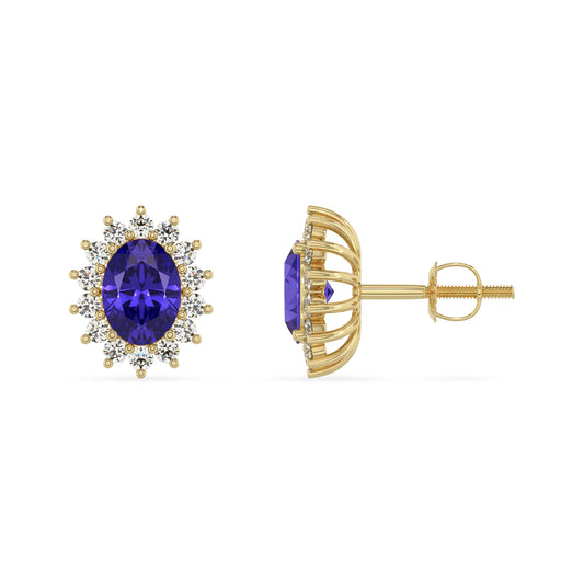 lab grown tanzanite oval stud earrings in yellow gold 