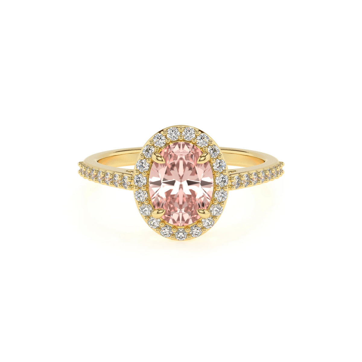 lab grown morganite oval solitaire rings in yellow gold 