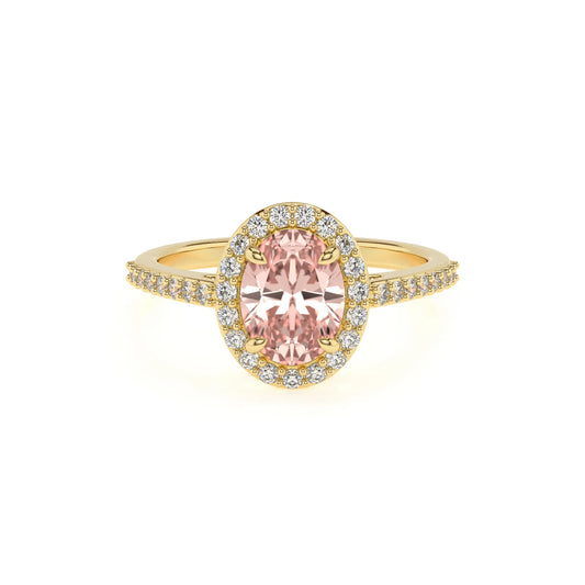 lab grown morganite oval solitaire rings in yellow gold 