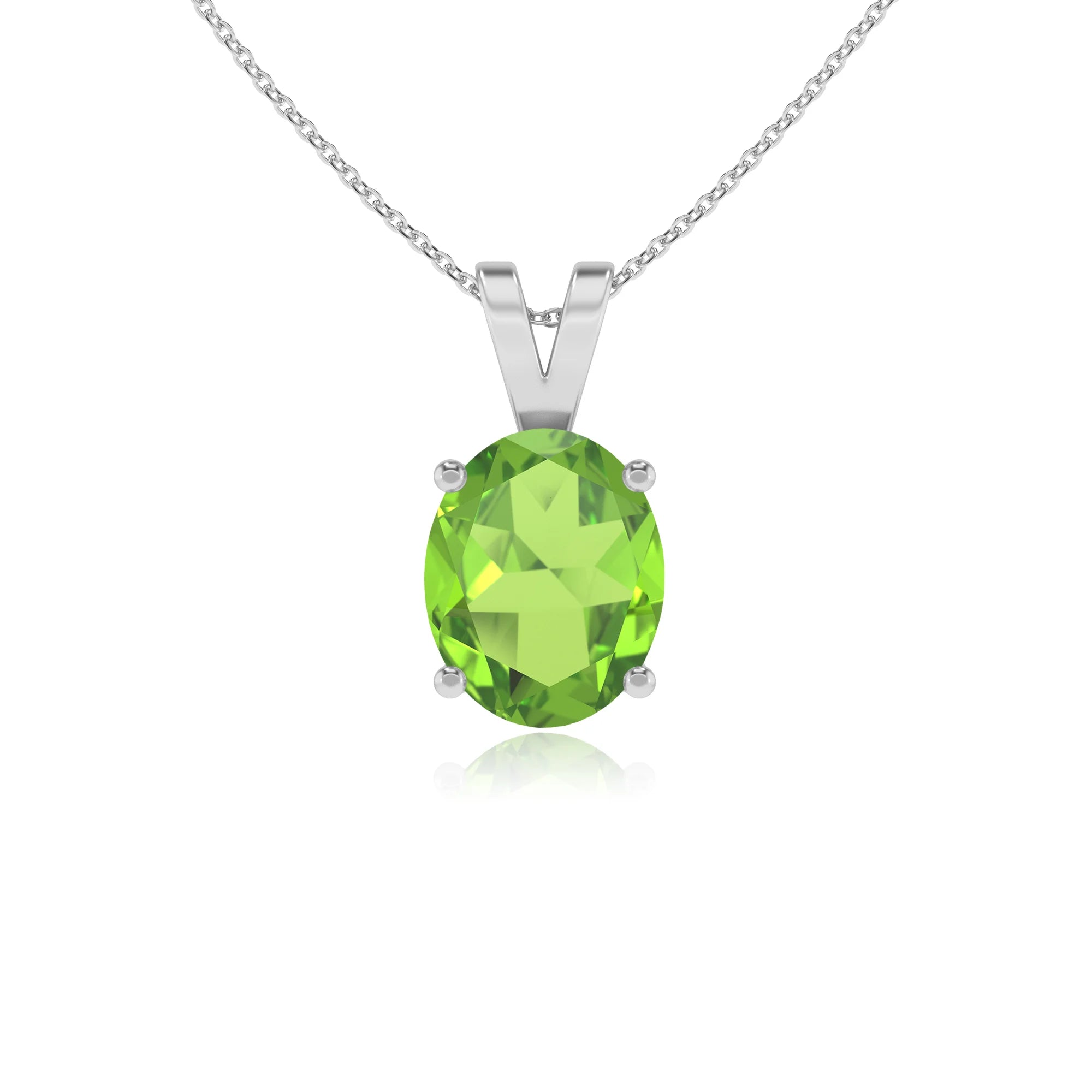 natural peridot oval solitaire v-bale necklaces in platinum 
