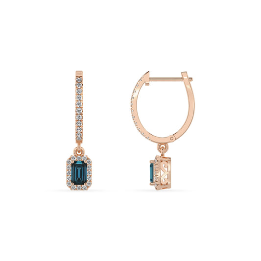 natural london blue topaz emerald cut drop earrings in rose gold 