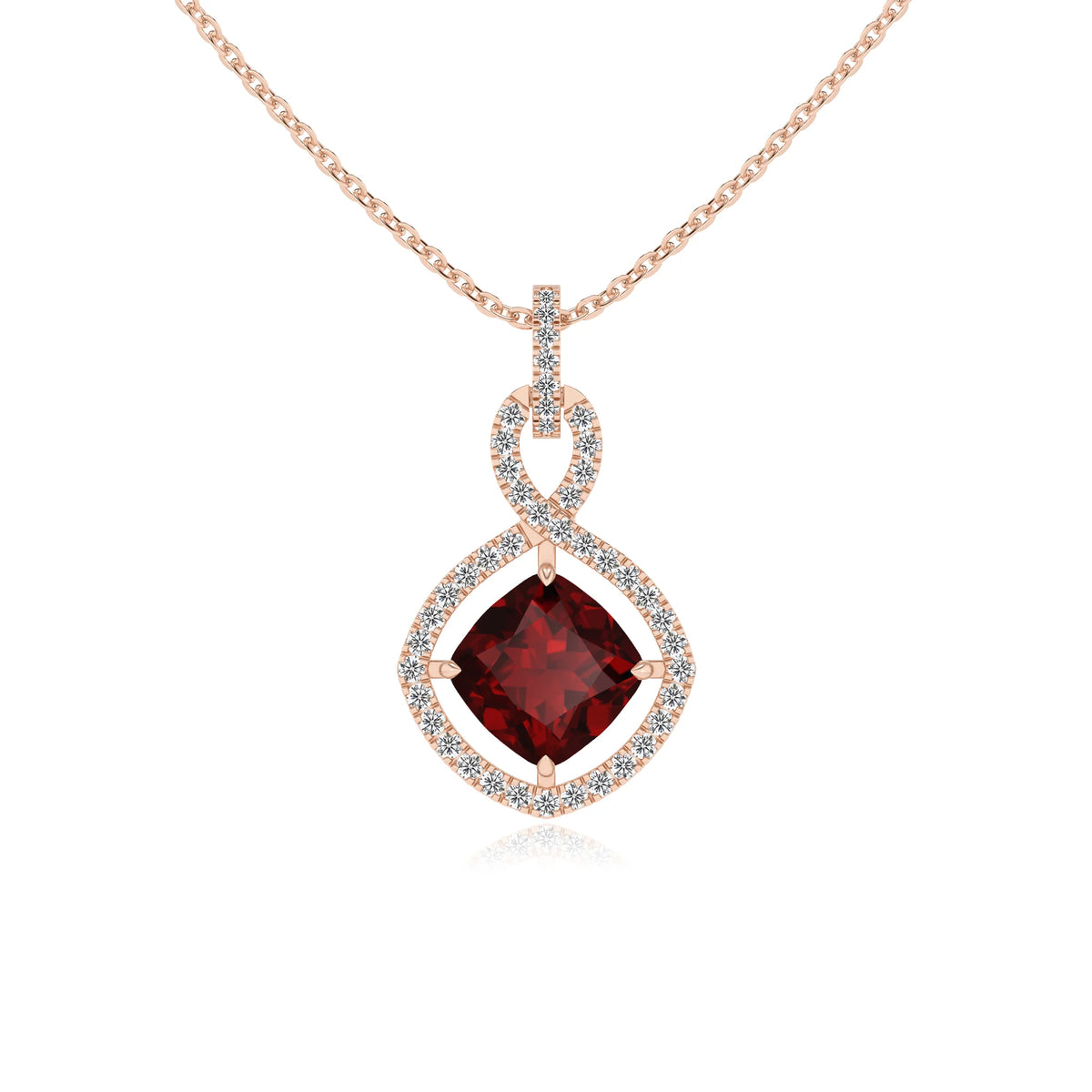 natural garnet cushion infinity necklaces in rose gold 