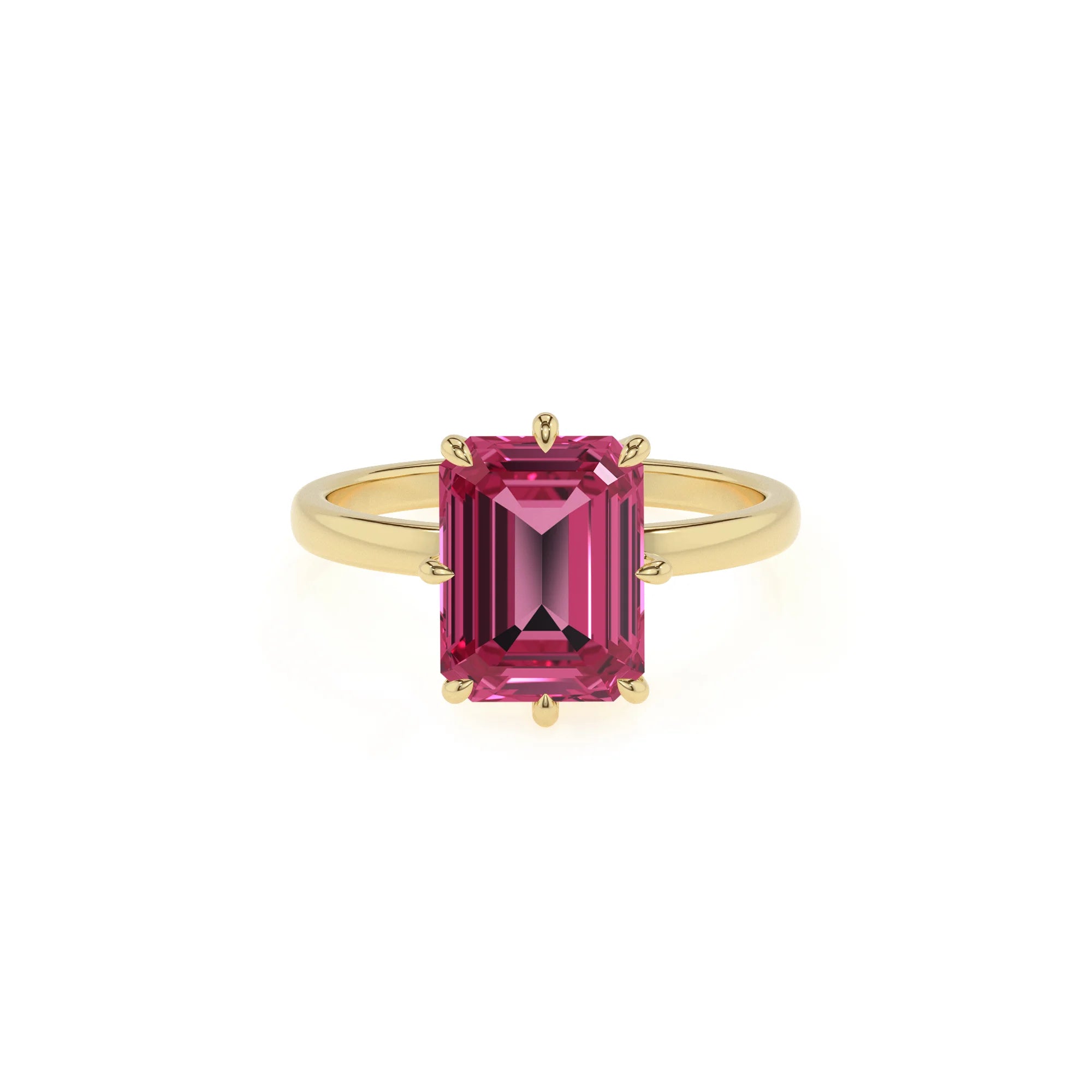 lab grown pink-tourmaline emerald cut solitaire rings in yellow gold 