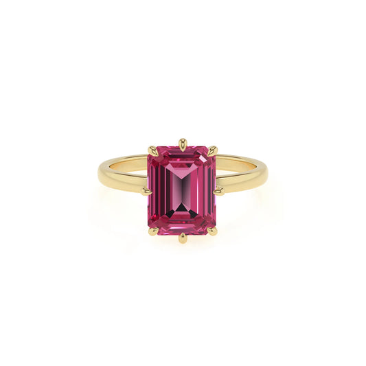 lab grown pink-tourmaline emerald cut solitaire rings in yellow gold 