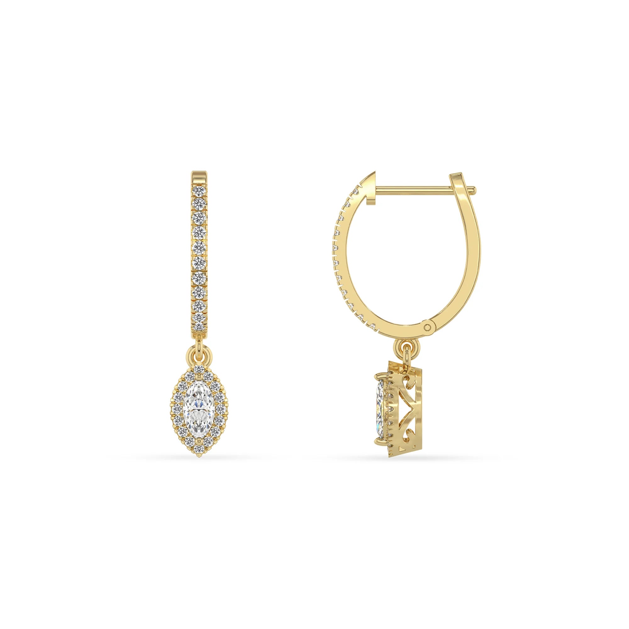 lab grown moissanite marquise drop earrings in yellow gold 