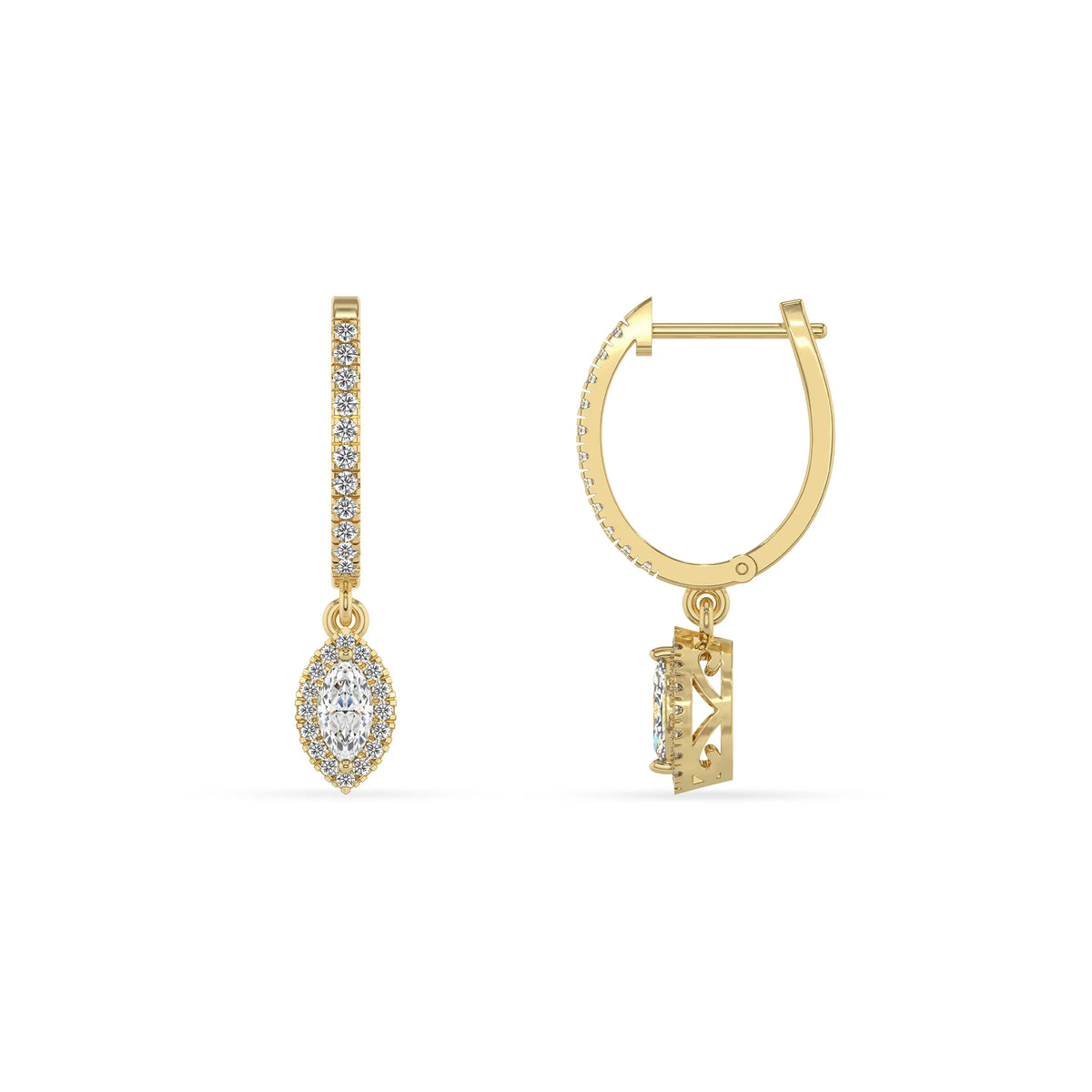 lab grown moissanite marquise drop earrings in yellow gold 