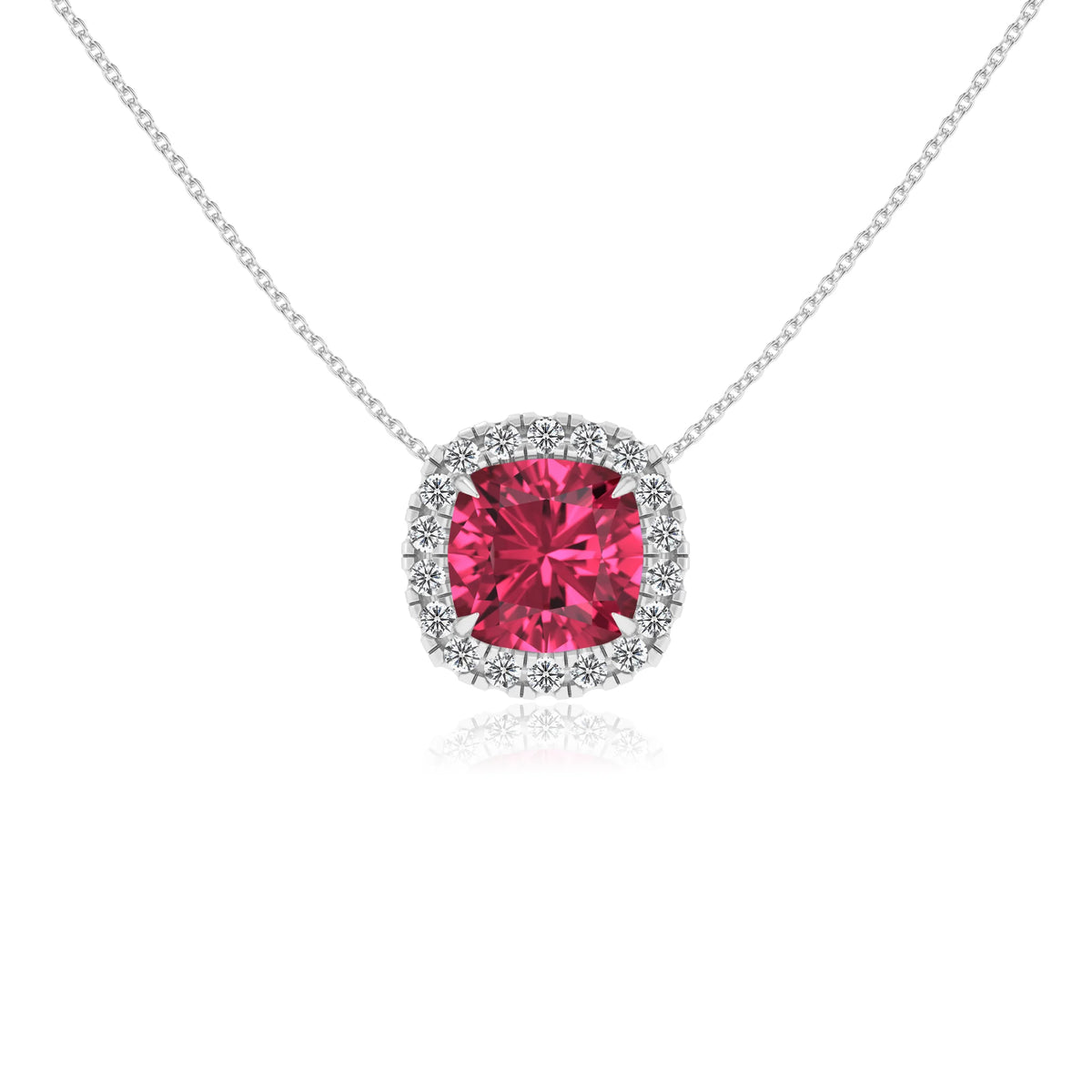 lab grown pink tourmaline cushion solitaire necklaces in white gold 