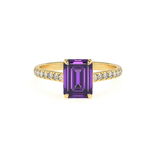lab grown amethyst emerald cut half eternity solitaire engagement rings in yellow gold 