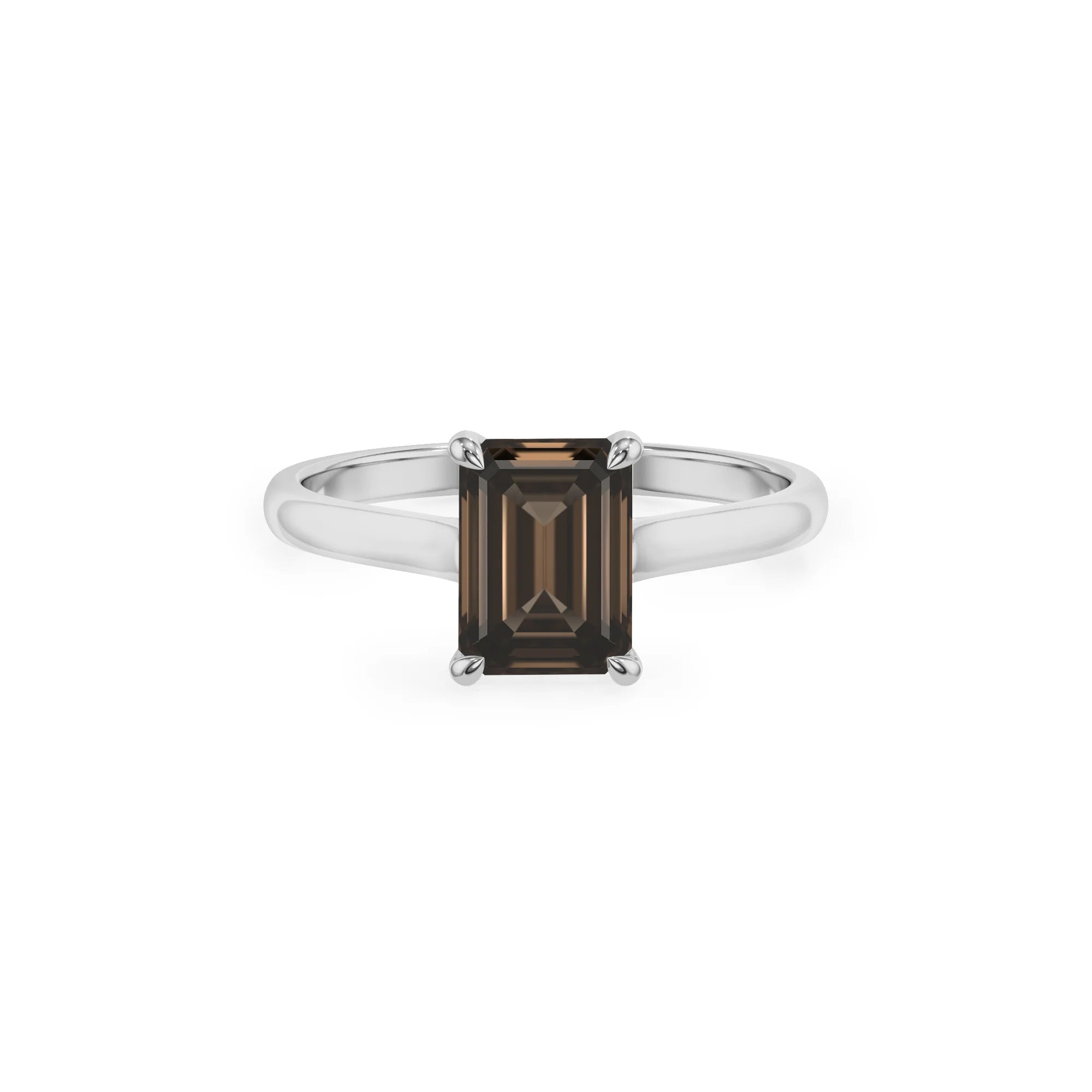 natural smoky-quartz emerald cut solitaire rings in white gold 