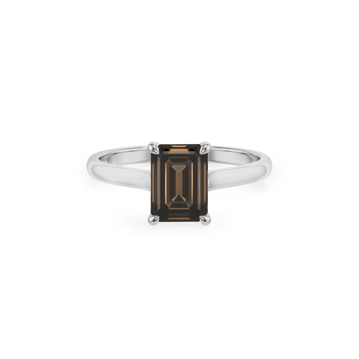 natural smoky-quartz emerald cut solitaire rings in white gold 
