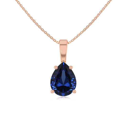 lab grown blue-sapphire pear solitaire necklaces in rose gold 