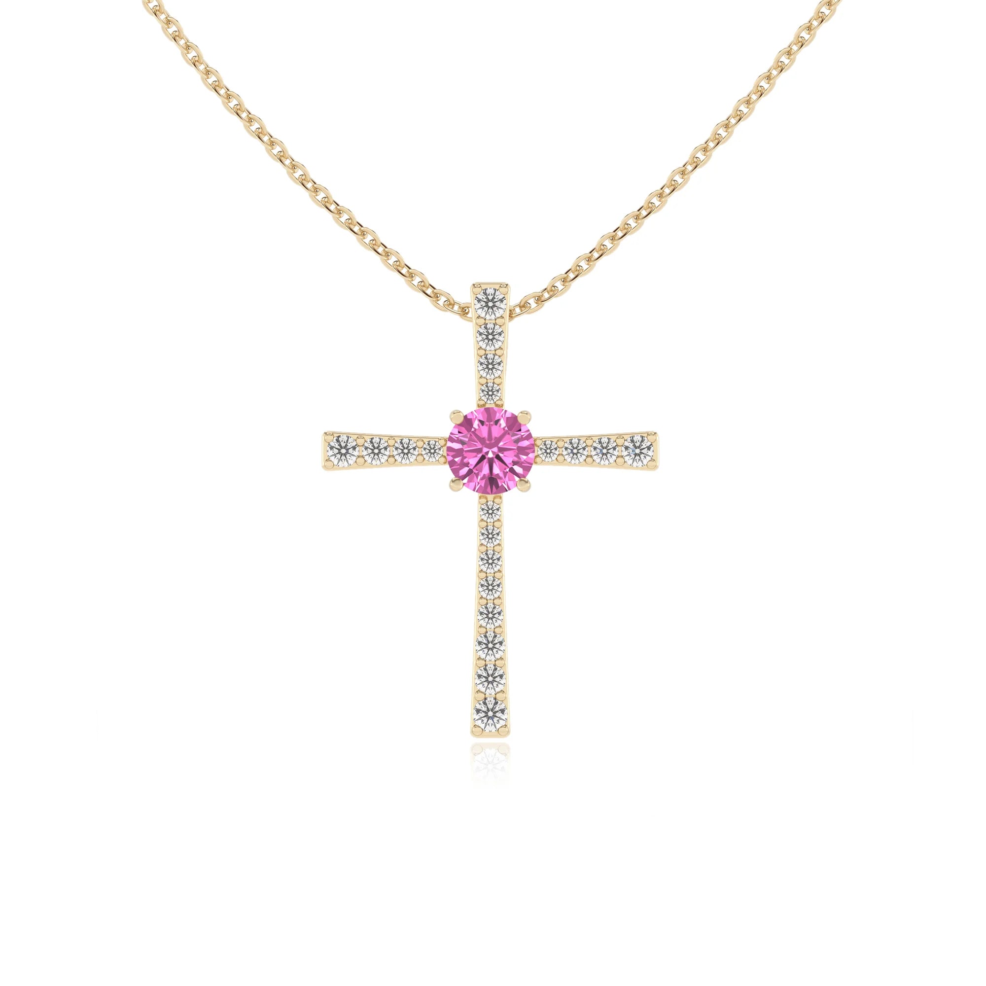 lab grown pink-sapphire round infinity necklaces in yellow gold 