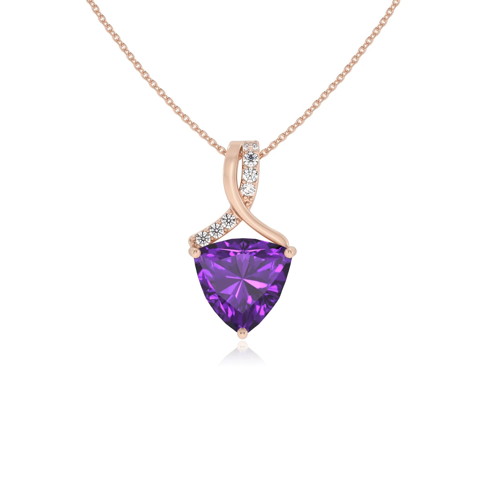 lab grown amethyst trillion solitaire necklaces in rose gold 