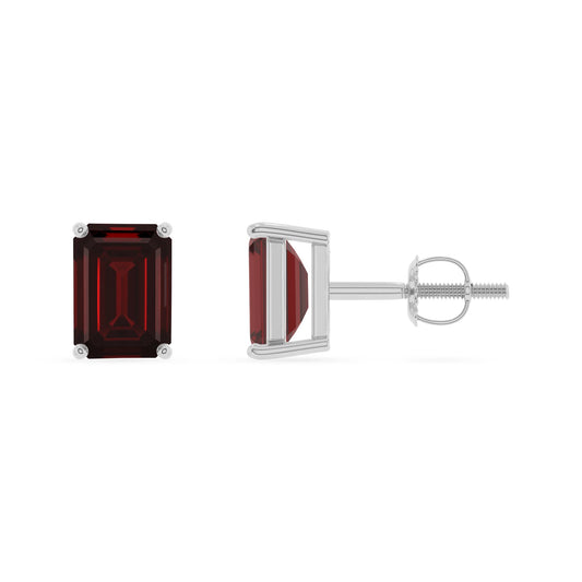 natural garnet emerald cut stud earrings in white gold 