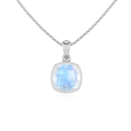 natural rainbow-moonstone cushion solitaire necklaces in sterling silver 