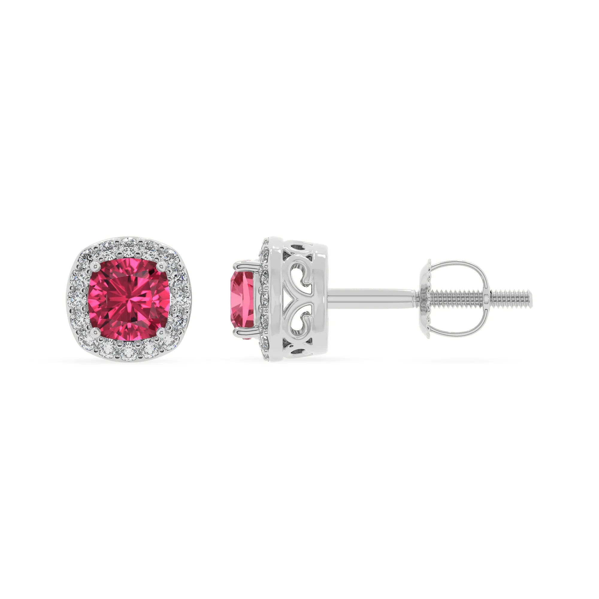 lab grown pink tourmaline cushion stud earrings in platinum 
