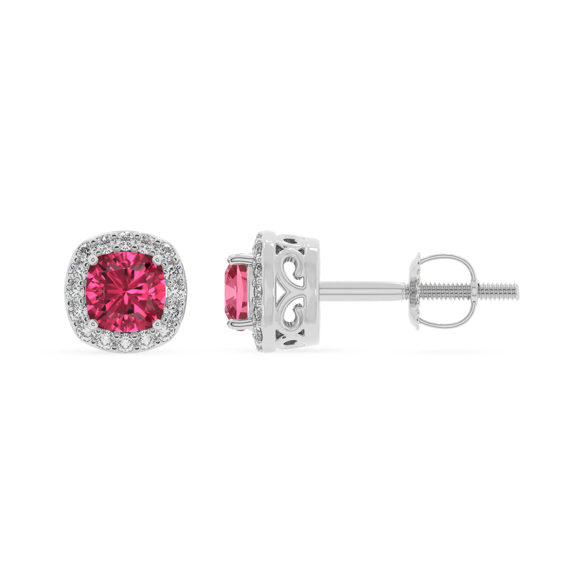 lab grown pink tourmaline cushion stud earrings in platinum 