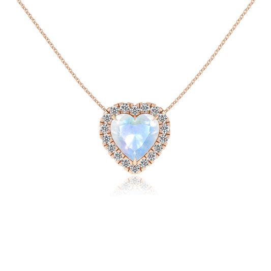 natural rainbow moonstone heart solitaire necklaces in rose gold 