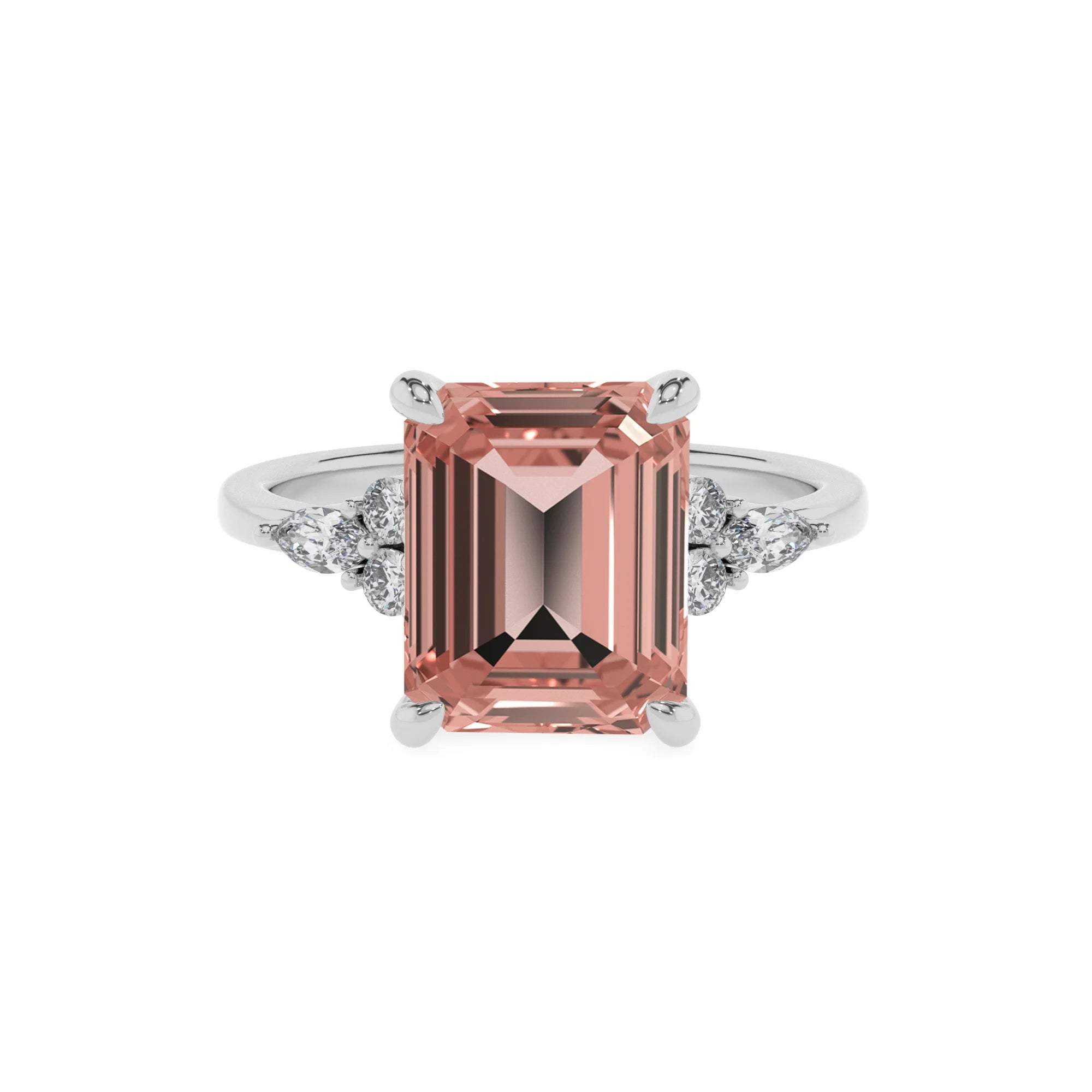 lab grown morganite emerald cut solitaire rings in platinum 