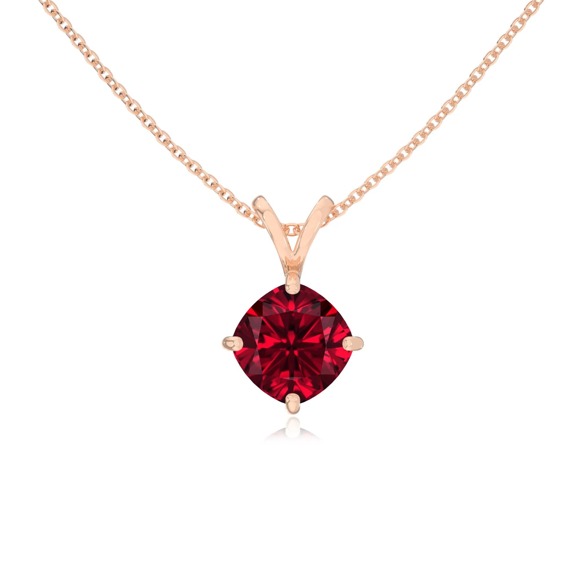 lab grown ruby cushion solitaire v-bale necklaces in rose gold 