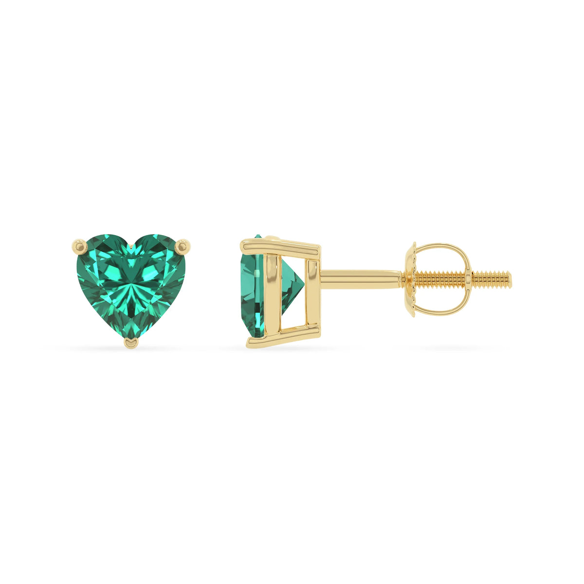 lab grown emerald heart stud earrings in yellow gold 
