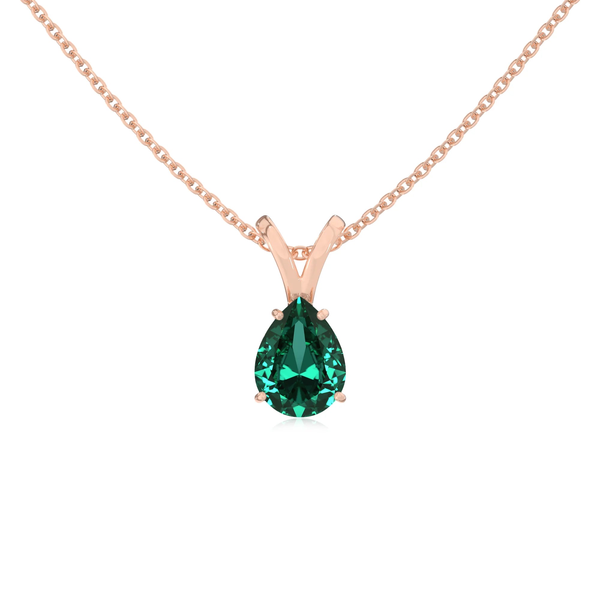 lab grown emerald pear solitaire v-bale necklaces in rose gold 