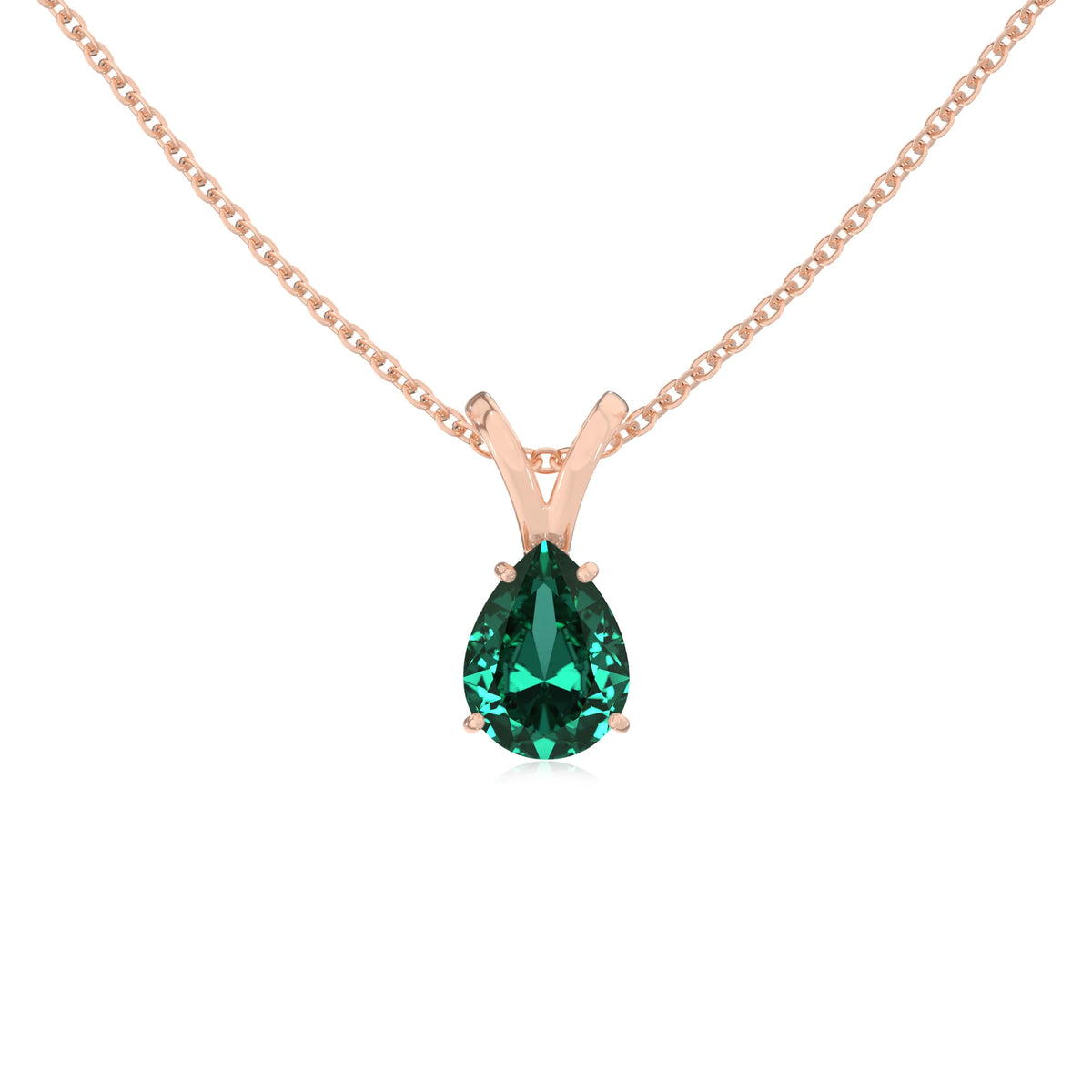 lab grown emerald pear solitaire v-bale necklaces in rose gold 