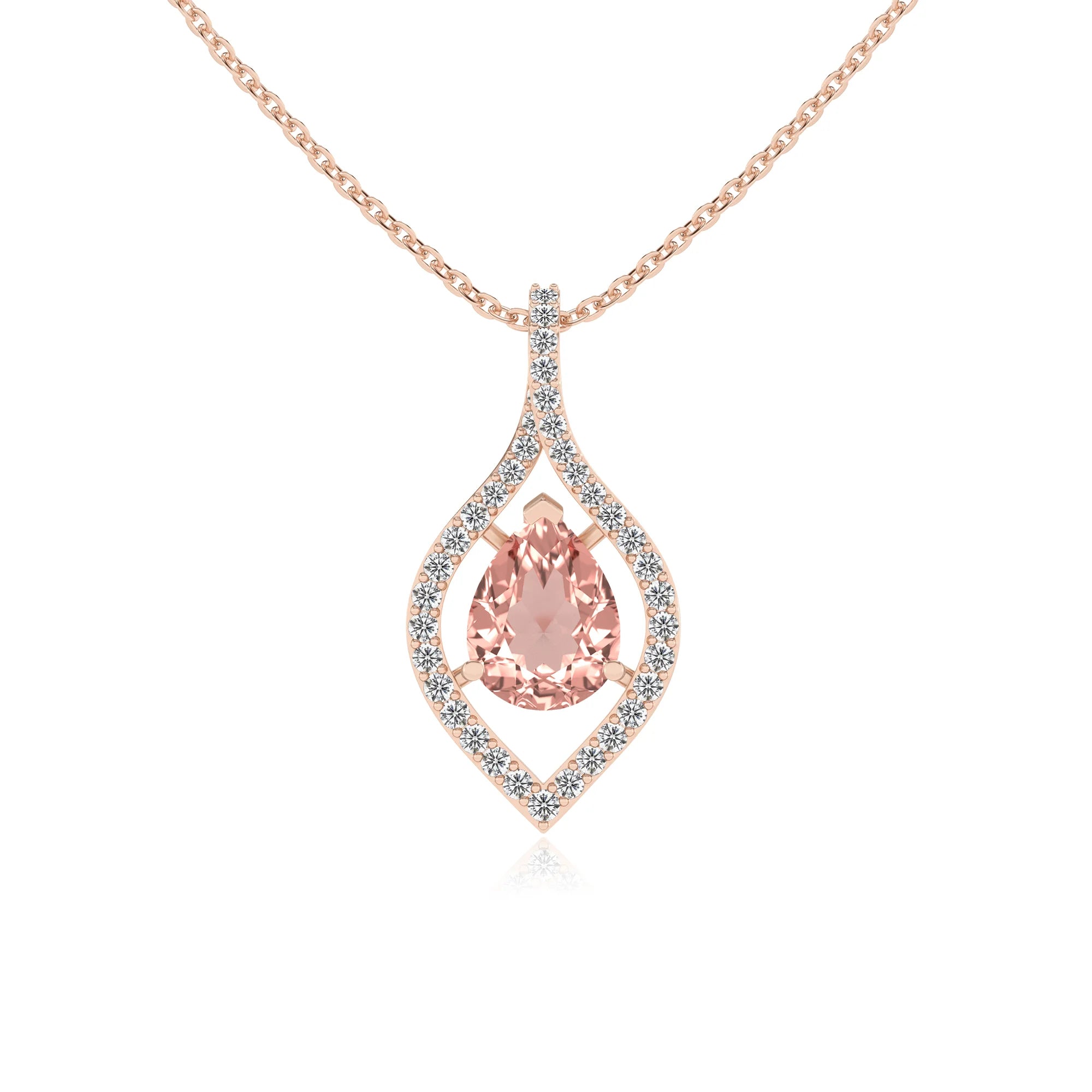lab grown morganite pear infinity necklaces in rose gold 