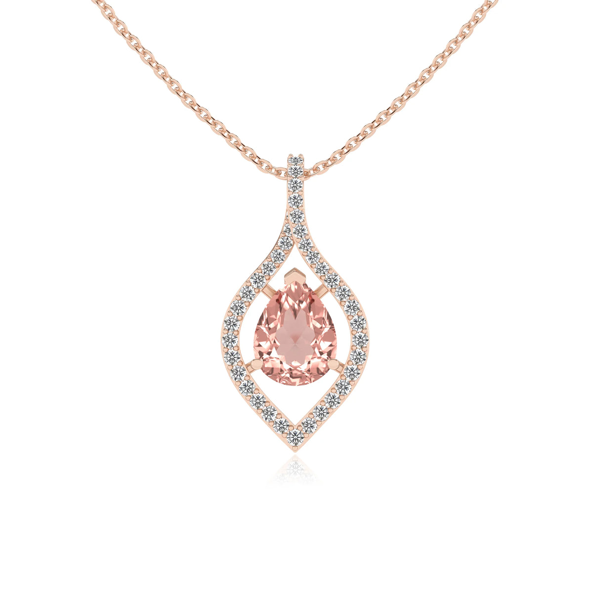 lab grown morganite pear infinity necklaces in rose gold 