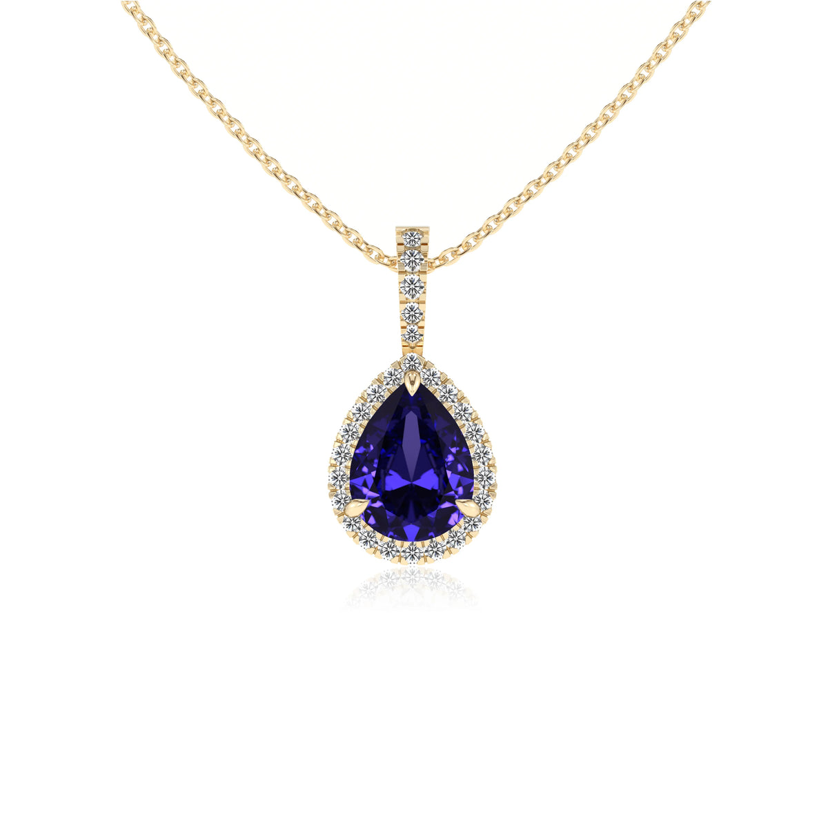 lab grown tanzanite pear solitaire necklaces in yellow gold 