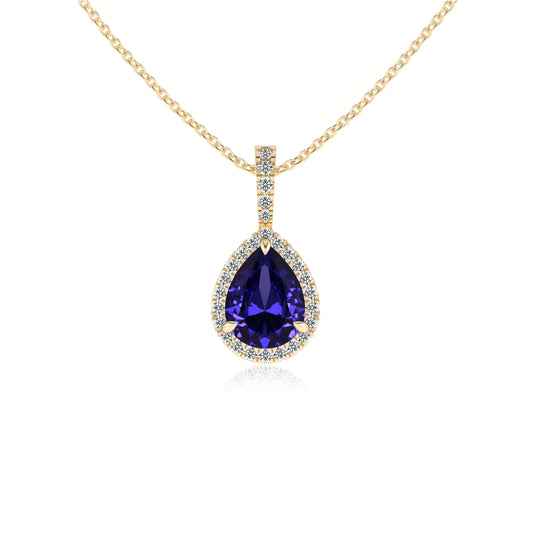 lab grown tanzanite pear solitaire necklaces in yellow gold 