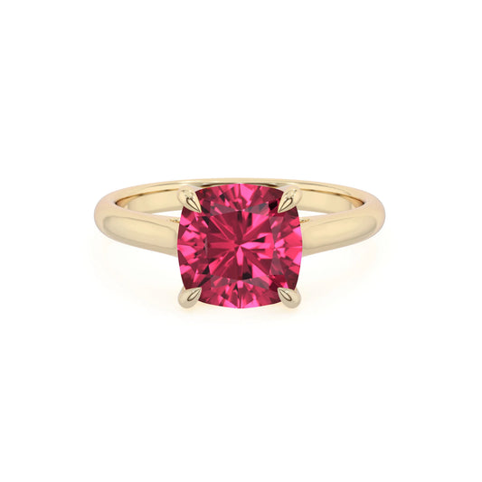 lab grown pink-tourmaline cushion solitaire rings in yellow gold 