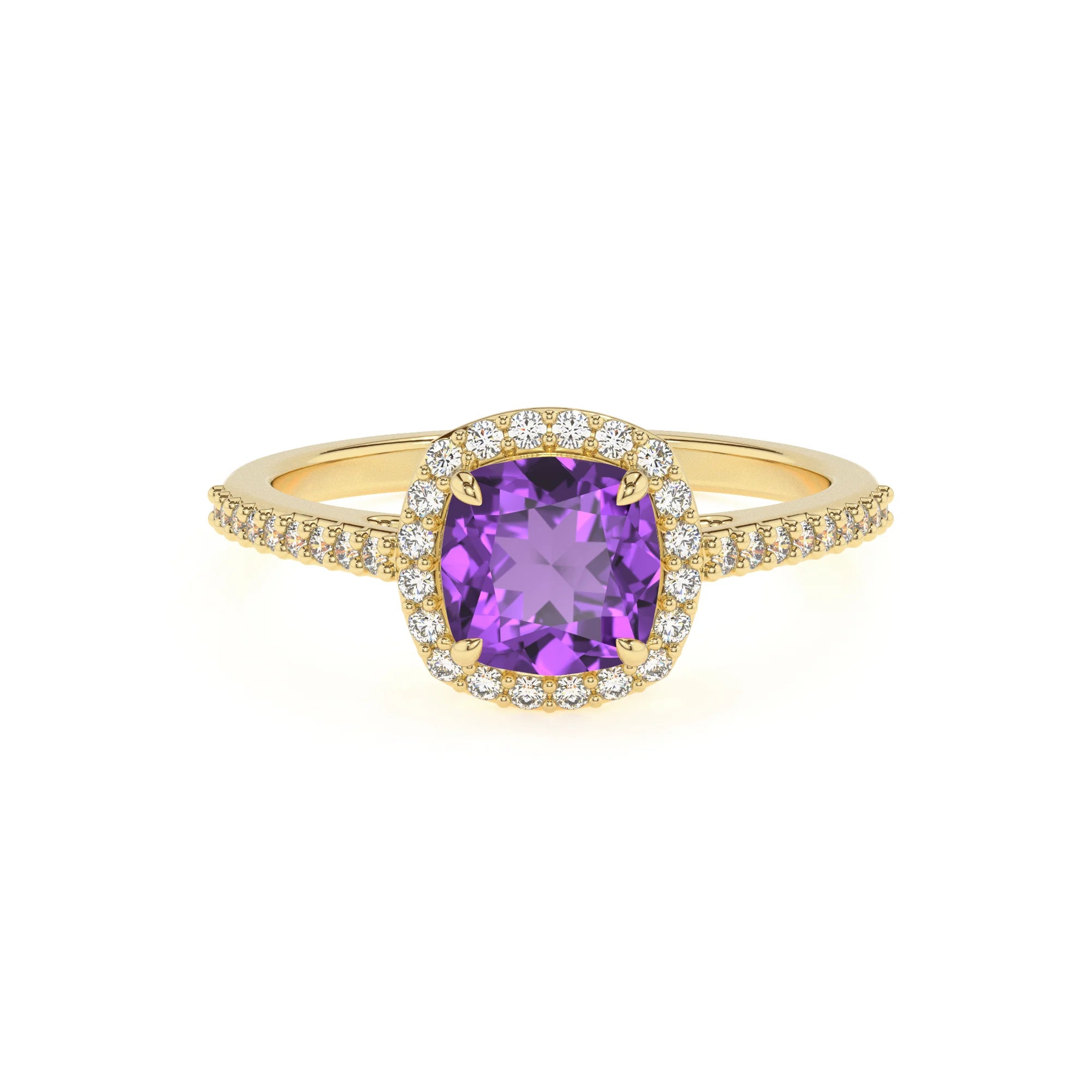 lab grown amethyst cushion solitaire rings in yellow gold 
