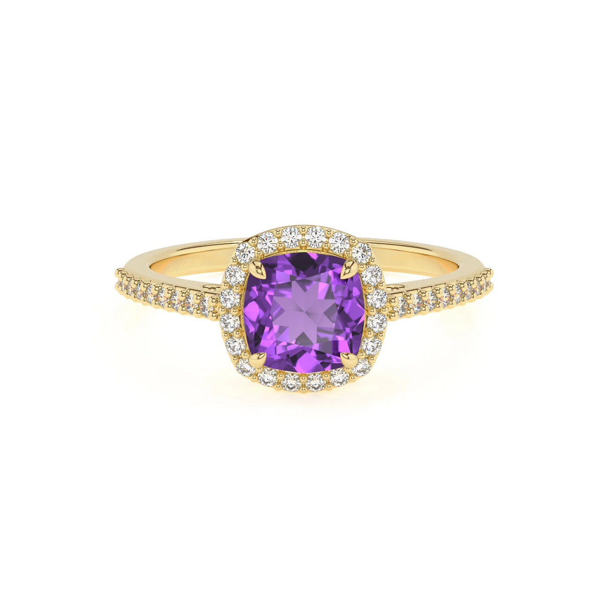 lab grown amethyst cushion solitaire rings in yellow gold 