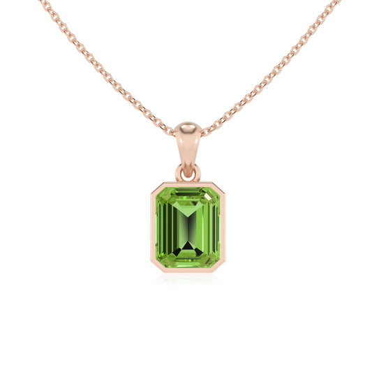 natural peridot emerald cut solitaire necklaces in rose gold 
