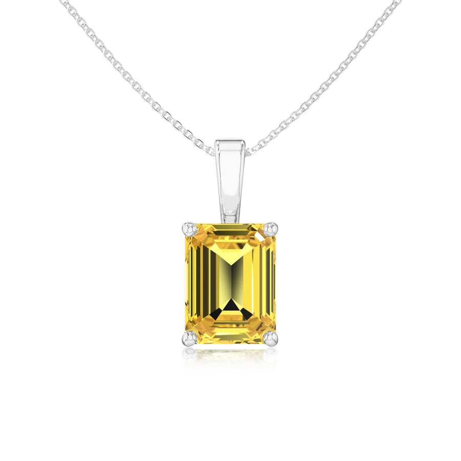 lab grown yellow-sapphire emerald cut solitaire necklaces in sterling silver 