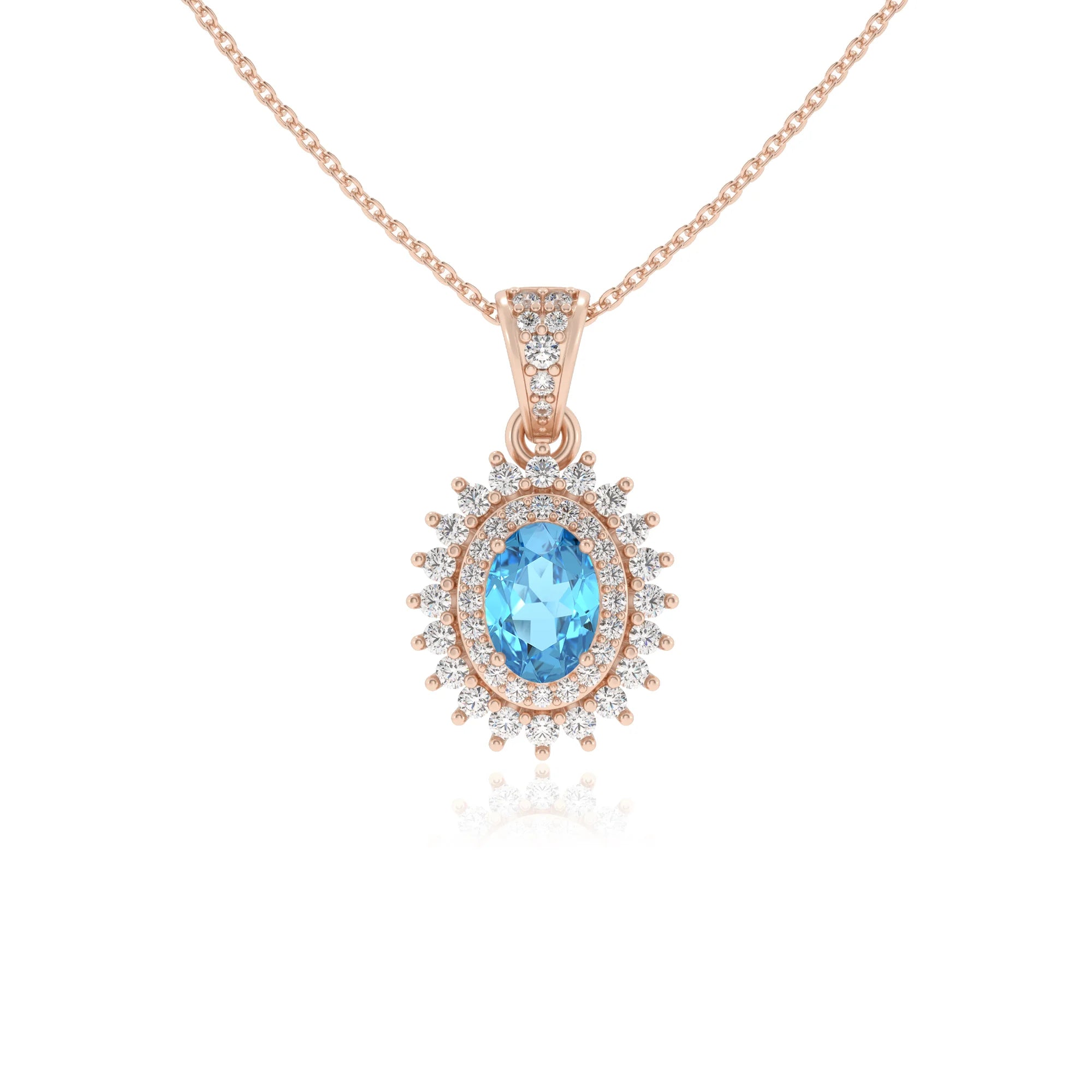 natural swiss-blue-topaz oval halo necklaces in rose gold 